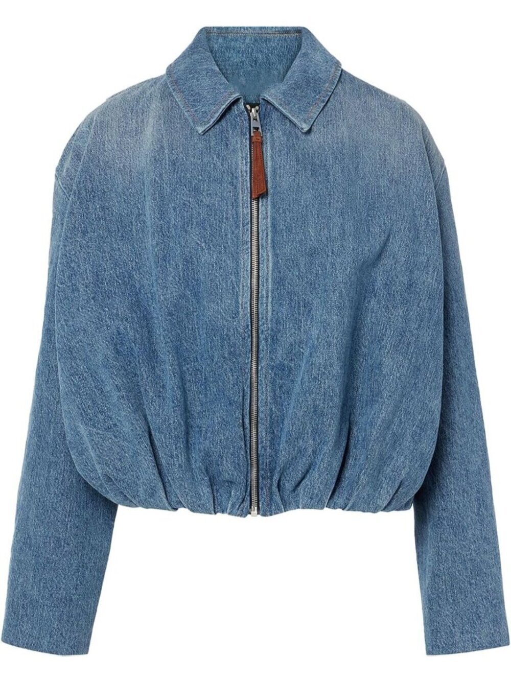 Women's Blue Denim Bomber Jacket Zip Up Draped Loose Fit Collared Casual